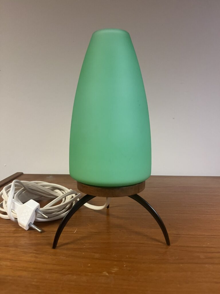 teak lamp with green glas shade
